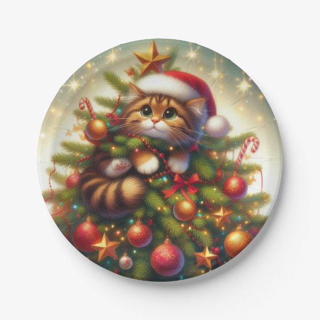 Cute, mischievous cat in the Christmas tree Paper Plate (Front)