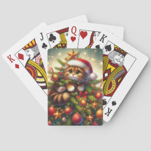 Cute, mischievous cat in the Christmas tree Playing Cards