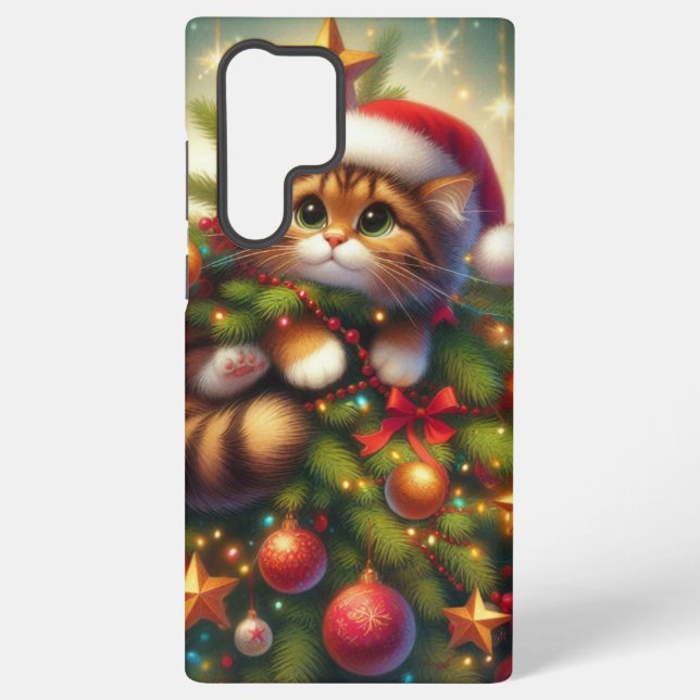 Cute, mischievous cat in the Christmas tree Samsung Galaxy S22 Ultra Case (Back)