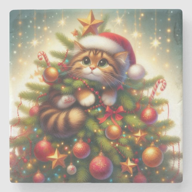 Cute, mischievous cat in the Christmas tree Stone Coaster (Front)