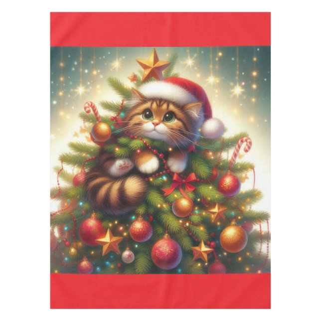Cute, mischievous cat in the Christmas tree Tablecloth (Front)