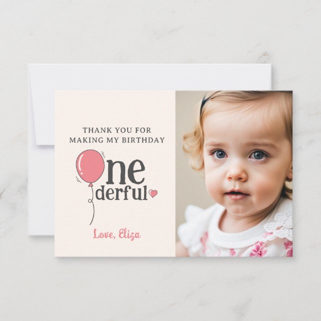 Cute Miss Onederful Thank You Card with Photo (Front)