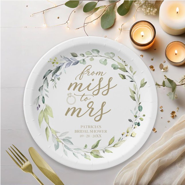 Cute Miss to Mrs Greenery Eucalyptus Bridal Paper  Plate (Creator Uploaded)