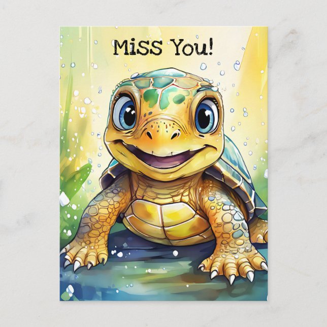 Cute "Miss You" Turtle Themed Postcard (Front)