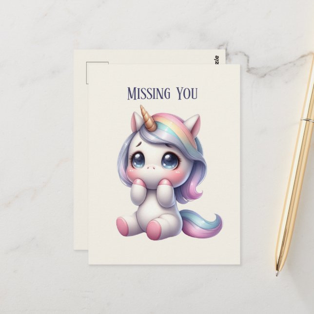 Cute Missing you unicorn Postcard (Front/Back In Situ)
