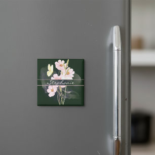 Cute Misty Watercolor Flowers With Butterfly Green Magnet