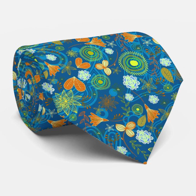 Cute mixed blue paisley colourful flowers patterns tie (Rolled)