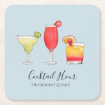 Cute Mixed Drinks cocktails in watercolor   Square Paper Coaster<br><div class="desc">Cool and stylish,  summery paper coasters with watercolor illustration of mixed drinks cocktail on aqua background. Perfect for bars,  beachside pubs,  oceanside restaurants or pool party. 
All text style,  colours,  sizes can be modified to fit your needs.</div>