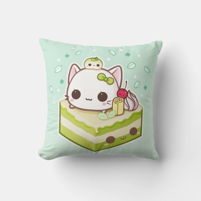 Cute mochi kitty with kawaii green tea cake cushion (Front)