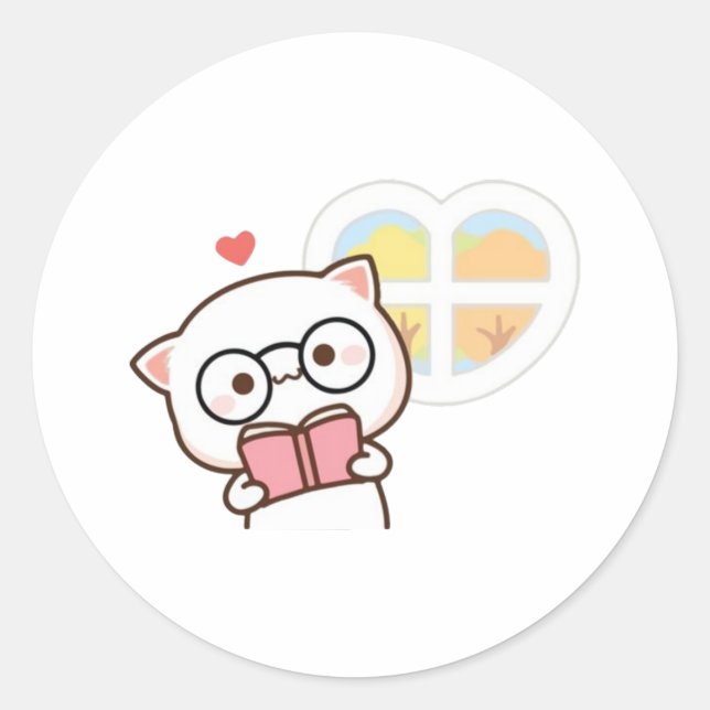 Cute Mochi Peach Cat Reading Book Classic Round Sticker (Front)