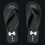 Cute Mock Tuxedo Tie The Groom Black Wedding Thongs<br><div class="desc">These cute flip flops are the perfect way for the groom to kick off his shoes and celebrate at his wedding reception. They feature a cute and fun mock tuxedo design that is simple, cute, and fun with a white bow tie and buttons on a black background with his name...</div>