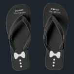 Cute Mock Tuxedo Tie The Groom Black Wedding Thongs<br><div class="desc">These cute flip flops are the perfect way for the groom to kick off his shoes and celebrate at his wedding reception. They feature a cute and fun mock tuxedo design that is simple, cute, and fun with a white bow tie and buttons on a black background with his name...</div>