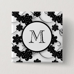 Cute Mod Black Flowers Pattern, Your Initial 15 Cm Square Badge