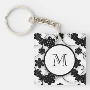 Cute Mod Black Flowers Pattern, Your Initial Key Ring