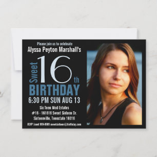 Cute Mod Blue and Black Photo Sweet 16th Party Invitation