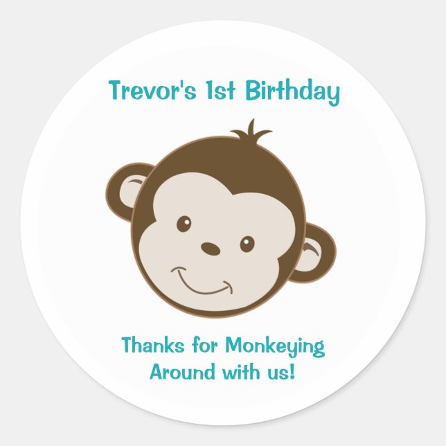 Cute Mod Monkey Custom Birthday Favour Stickers (Front)