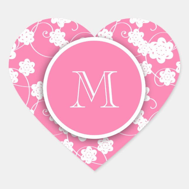 Cute Mod Pink Flowers Pattern, Your Initial Heart Sticker (Front)