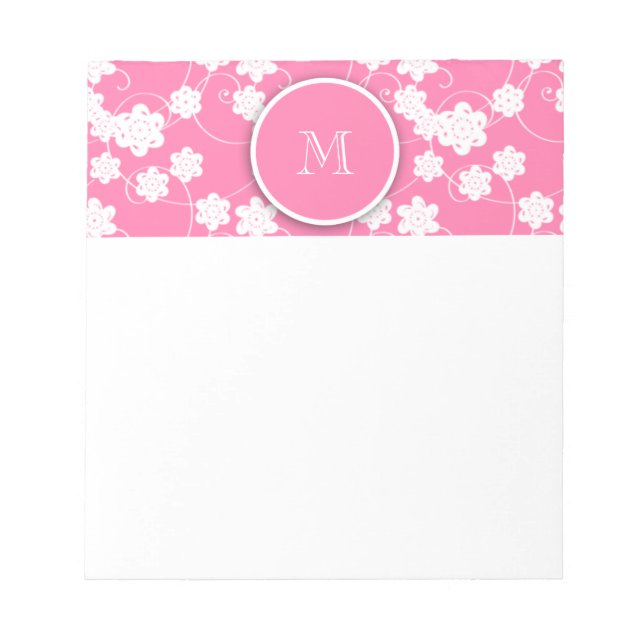 Cute Mod Pink Flowers Pattern, Your Initial Notepad (Front)