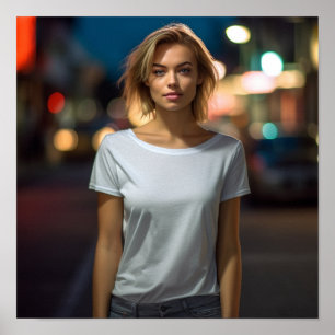 Cute model in a Gildan tshirt shooting in a street Poster