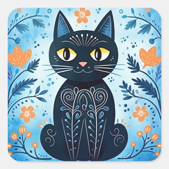 Cute Modern Abstract Black Cat in Fall Tones  Square Sticker (Front)