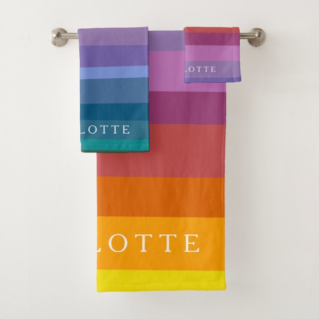 Cute Modern Abstract Vibrant Rainbow Stripes Art Bath Towel Set (Insitu)