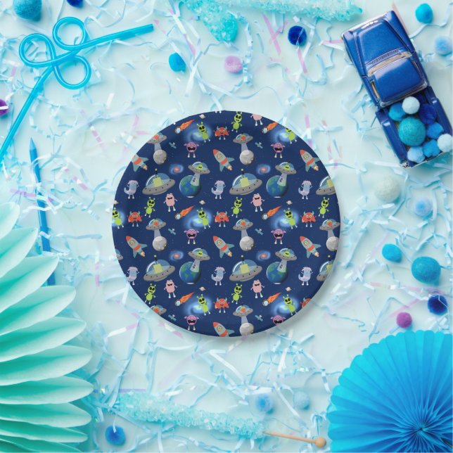 Cute Modern Alien Monsters Space Kids Pattern Paper Plate (Party)