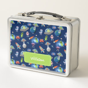 Cute Modern Alien Monsters Space Kids School Metal Lunch Box