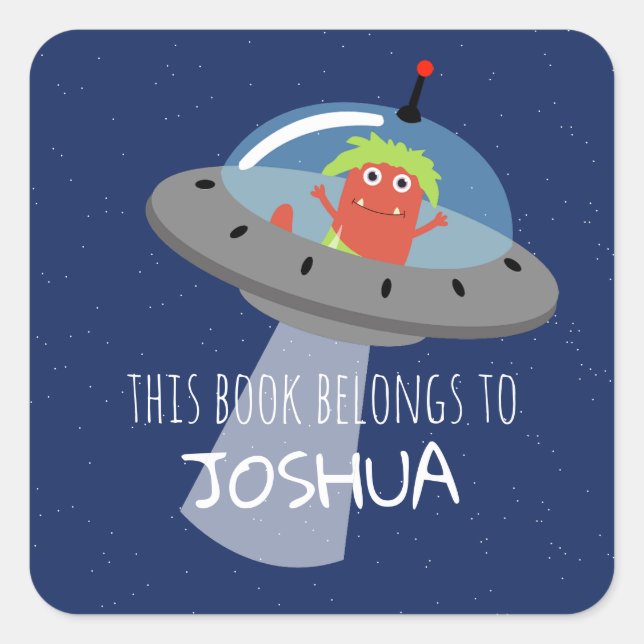 Cute Modern Alien Monsters Space Name Kids Book Square Sticker (Front)