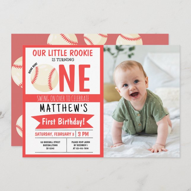 Cute Modern Baseball Ribbon Photo 1st Birthday Invitation (Front/Back)
