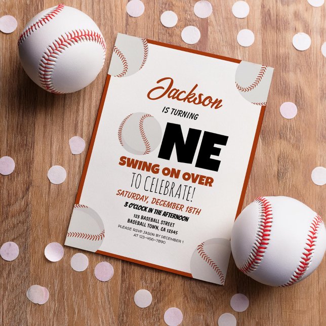 Cute Modern Baseball Sports Kids 1st Birthday Invitation (Creator Uploaded)