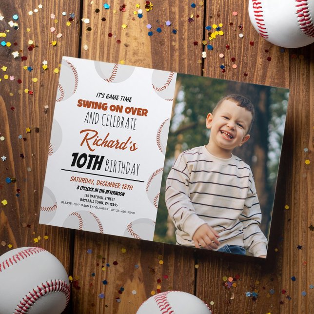 Cute Modern Baseball Sports Kids Photo Birthday Invitation (Creator Uploaded)