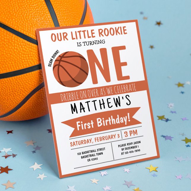 Cute Modern Basketball Ribbon Kids 1st Birthday Invitation (Creator Uploaded)