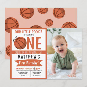 Cute Modern Basketball Ribbon Photo 1st Birthday Invitation