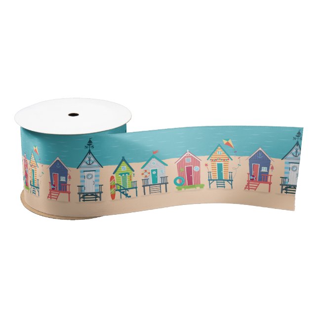 Cute Modern Beach Huts Summer Holiday Art Satin Ribbon (Spool)
