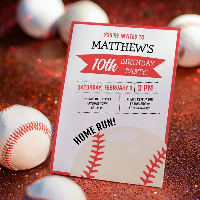 Cute Modern Big Baseball Ribbon Kids Birthday Invitation (Creator Uploaded)