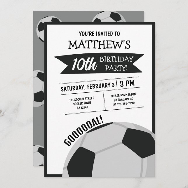 Cute Modern Big Soccer Ball Ribbon Kids Birthday Invitation (Front/Back)