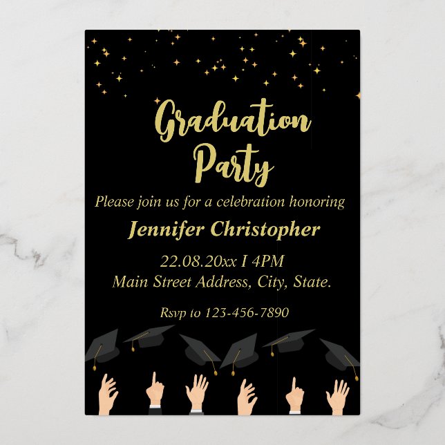  Cute Modern Black&Gold Sparkles Graduation Party (Front)