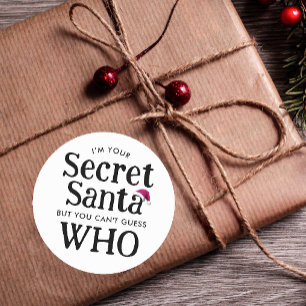 Cute Modern Black Whit Secret Santa Hat Watercolor Classic Round Sticker