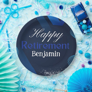 Cute Modern Blue and White Happy Retirement Paper Plate