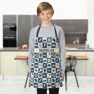 Cute Modern Blue Chequered Icons Pattern Boy's Apron