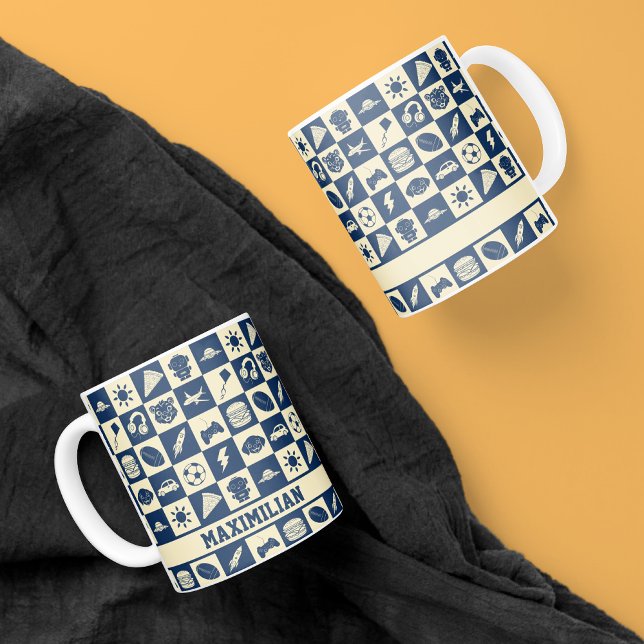 Cute Modern Blue Chequered Icons Pattern Boy's Coffee Mug (Creator Uploaded)