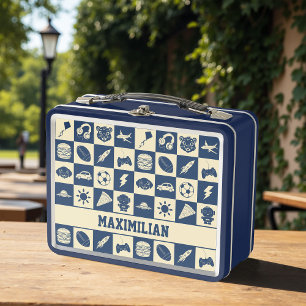 Cute Modern Blue Chequered Icons Pattern Boy's Fun Metal Lunch Box