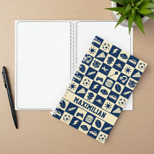 Cute Modern Blue Chequered Icons Pattern Boy's Fun Notebook