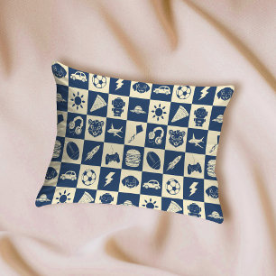 Cute Modern Blue Chequered Icons Pattern Boy's Fun Pillowcase