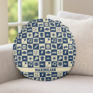 Cute Modern Blue Chequered Icons Pattern Boy's Fun Round Cushion