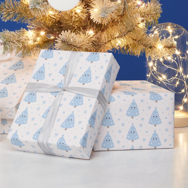 Cute Modern Blue Christmas Tree Wrapping Paper (Holidays)