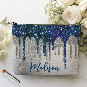 Cute modern Blue Glitter Drips monogram  Accessory Pouch