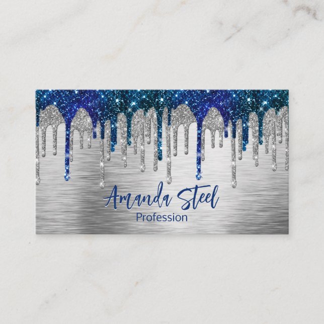 Cute modern Blue Glitter Drips monogram Appointment Card (Front)