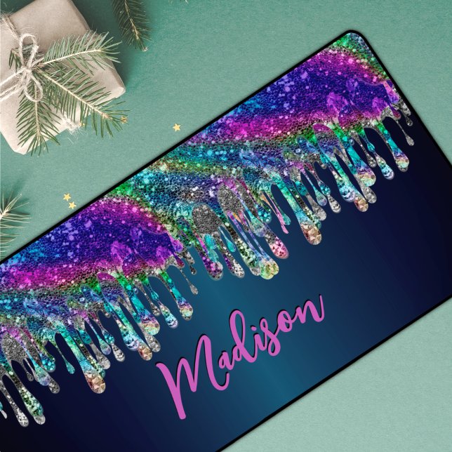 Cute modern Blue Glitter Drips monogram Desk Mat (Creator Uploaded)