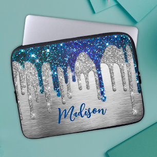 Cute modern Blue Glitter Drips monograM Laptop Sleeve